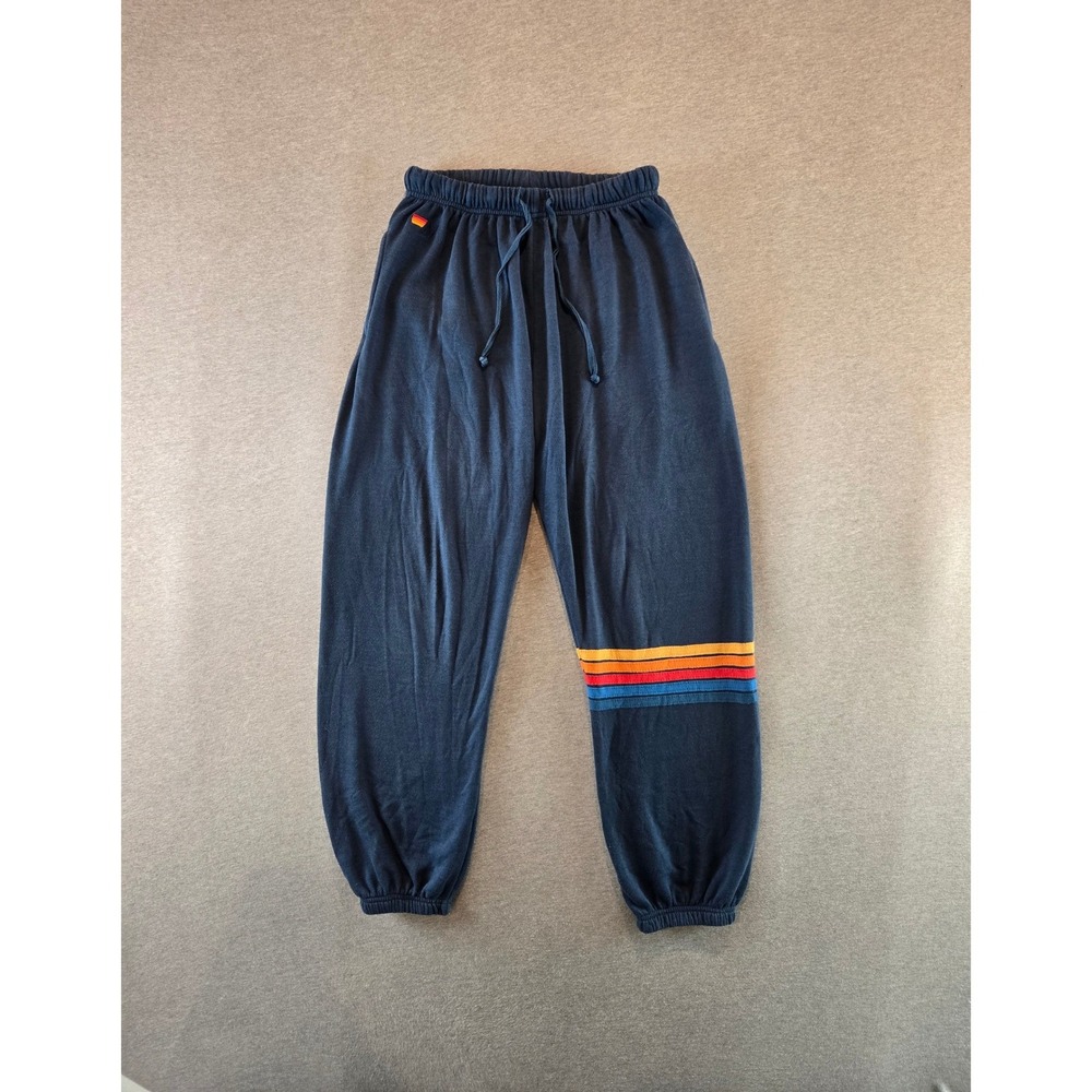 Aviator Nation Sweatpants Women Large Navy Blue Rainbow Stripe Joggers USA